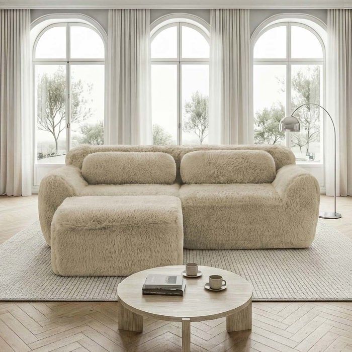 Canapé modulable - Moelleux - Velours kaki - Mousse HR 32D - Coussins et repose-pieds inclus