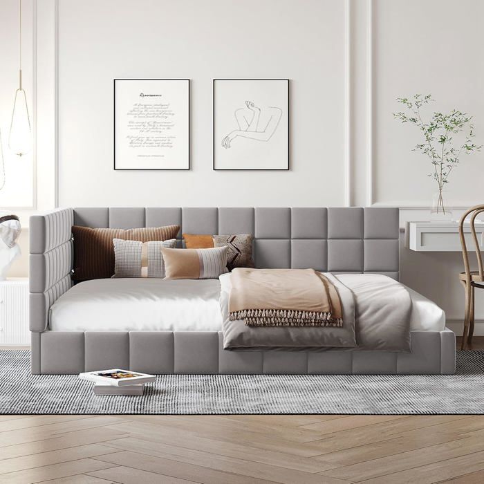 Canapé-Lit 140x200cm en Tissu Velours Rembourré Avec Dossier et Sommier à Lattes Double Multifonctionnel (Sans Matelas) (Gris)