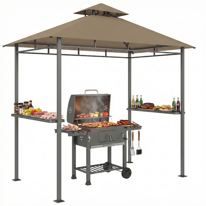 Abri barbecue extérieur - Outsunny - double toit 2 étagères latérales - cadre en métal - 245x146x255cm - marron