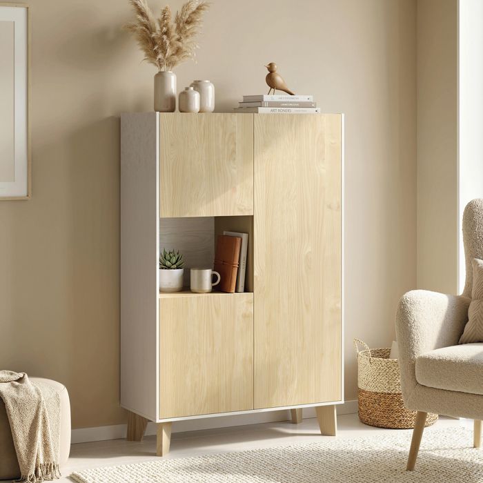 Buffet salon meuble de rangement à 6 compartiments et portes à fermeture amortie 80x40x135cm blanc et bois naturel