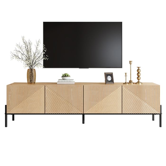 Meuble TV moderne - 4 portes de rangement - Texture 3D - 163.5x40x45 cm - Naturel - MDF - Pieds en fer noir