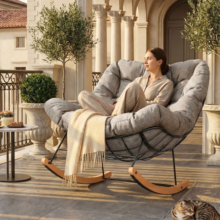 FlexiSpot Fauteuil à bascule de jardin Extérieur Coussin épais rembourré Fauteuil Papasan Chaise Longue Salon ou Jardin Brun