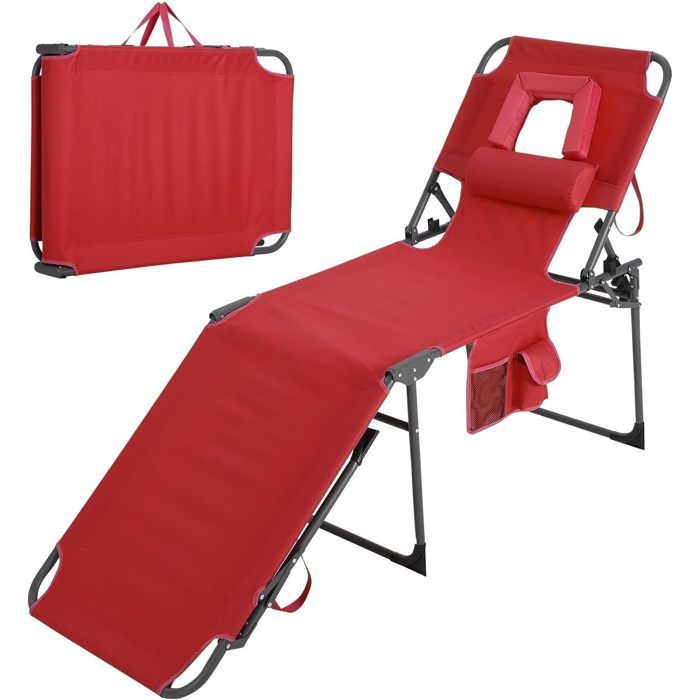 200cm Chaise Longue transat bain de soleil avec Dossier Réglable en 5 Positions fauteuil relax Transat De Plage Imperméable rouge