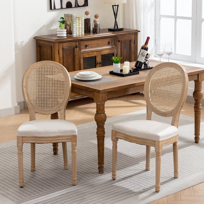 Chaise de salle à manger - Lot de 2 - Chaise de Cuisine - Dossier en Rotin - Cadre en bois massif - Style antique - Beige lin