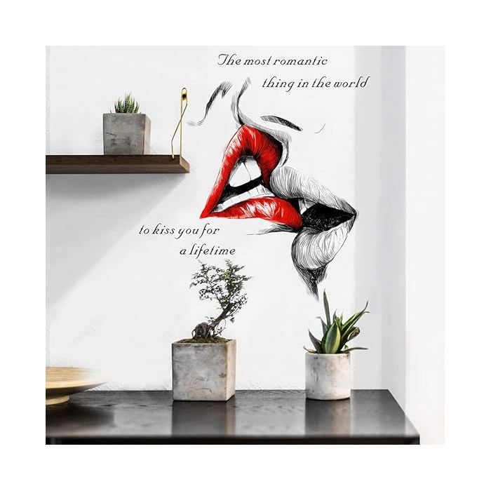 - Autocollant mural HOT KISS rouge/noir romantique (50x83 cm) I Stickers muraux chambre adulte visage am OBJET DE DECORATION MURALE