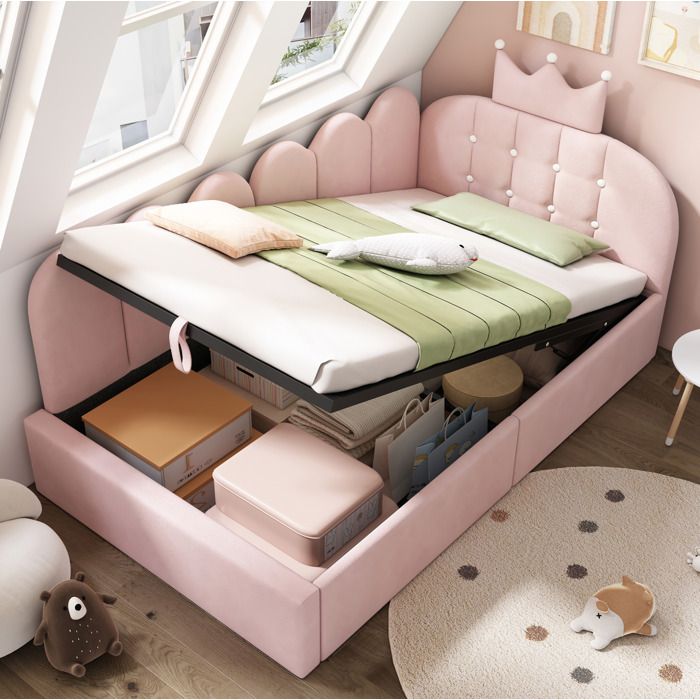 Lit coffre-Lit banquette 90x190 cm enfant avec rangement hydraulique. dossier couronne et grille. velours rose