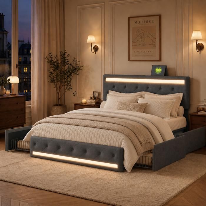 Lit Coffre 140 x 190 cm avec Sommier - Cadre de Lit avec LED et USB - Lit Ado avec 4 Tiroirs de Rangement - 2 Personnes - Lin Gris