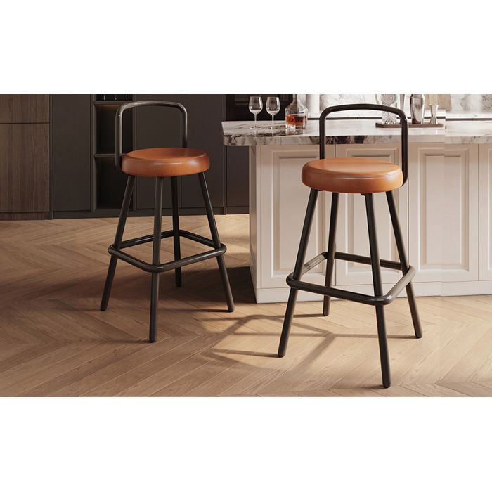 Lot 2 tabourets de bar ergonomiques en cuir synthétique marron avec dossier et structure métallique stable