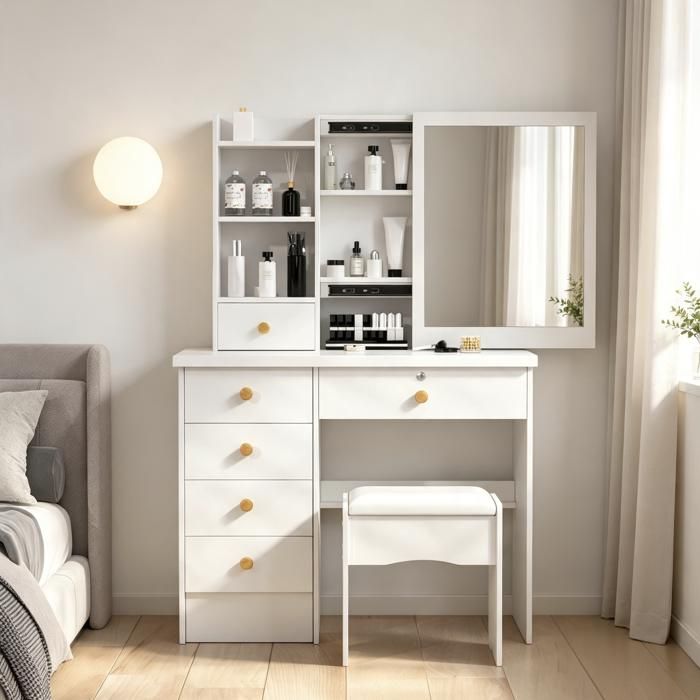 Coiffeuse avec Miroir Coulissant et Tabouret - WILITTO - 6 Tiroirs et Étagères Ouvertes - épuré et Moderne - 80x37x122cm