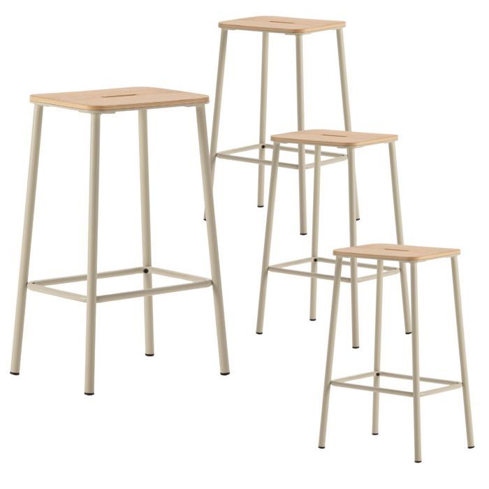 Lot de 4 tabourets de bar H65cm en bois naturel pied en métal beige - BAHIA Lot de 4 tabourets de bar H65cm en bois naturel pied en métal beige - BAHIA
