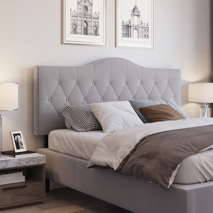 Tête de lit rembourrée - 185 x 8 x 134 cm - Tissu velours gris - Garnissage mousse - Structure peuplier pieds hévéa