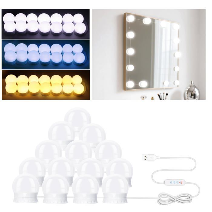 Lampe de miroir à 14 LED avec 3 couleurs à intensité variable Hollywood pour coiffeuse éclairage de coiffeuse lampe de coiffeuse