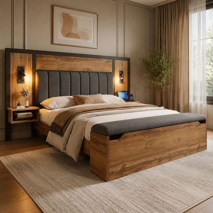 DESVIAE Lit double 180 x 200 cm avec chevets intégrés lampes de lecture USB et banc coffre chêne