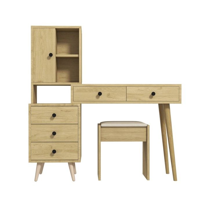 Coiffeuse en bois naturel 84x40x120cm miroir escamotable 5 tiroirs meuble latéral tabouret beige nombreux rangements chambre Coiffeuse en bois naturel 84x40x120cm miroir escamotable 5 tiroirs meuble latéral tabouret beige nombreux rangements chambre