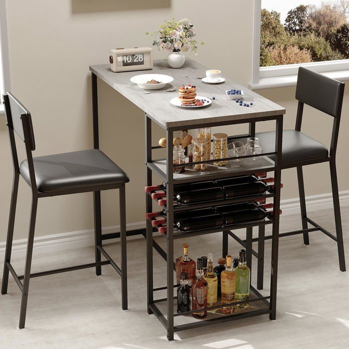 Ensemble table bistro gris cadre métal 2 chaises rembourrées étagères rangement compact cuisine appartement maison