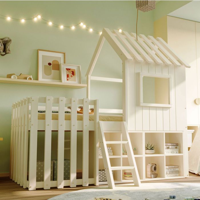 Lit Cabane Enfant 90×200 cm avec Fenêtre Échelle et Rangements - ELVMI - sans matelas Bois Massif - Blanc