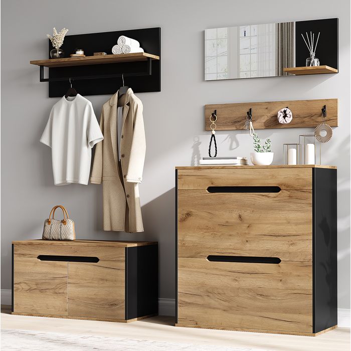 Vestiaire dentree modulaire 156 x 36 x 176 cm avec miroir meuble a chaussures banc etagere et 4 crochets