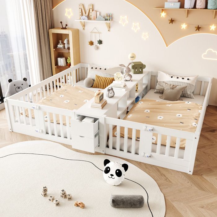 Lit enfant double couchage 90 x 200 cm avec rangement intégré tiroirs barrières de sécurité bois blanc JOINERY