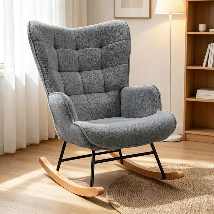 Fauteuil à Bascule - Velours Teddy - Dossier haut - Style Scandinave - 1 Place - Salon Chambre - Gris foncé