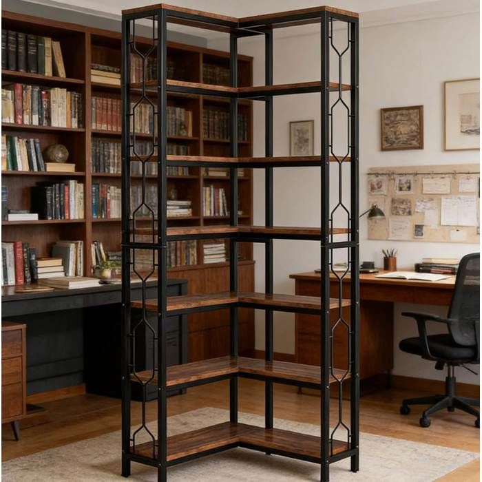 Bibliothèque d’angle industrielle 7 niveaux 60x60x200 cm bois et métal noir marron VEVXYN