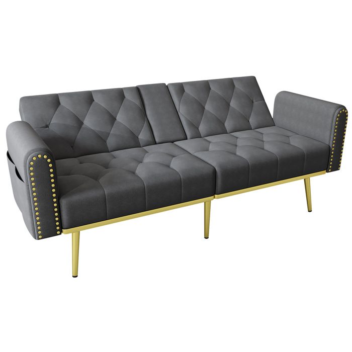 Canapé convertible 2/3 places en velours gris dossier inclinable 3 positions porte-gobelet