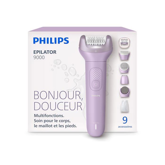 Épilateur série 9000 - électrique sans fil sur peau sèche ou humide jambes corps et maillot avec ProGuide 9 accessoires dont