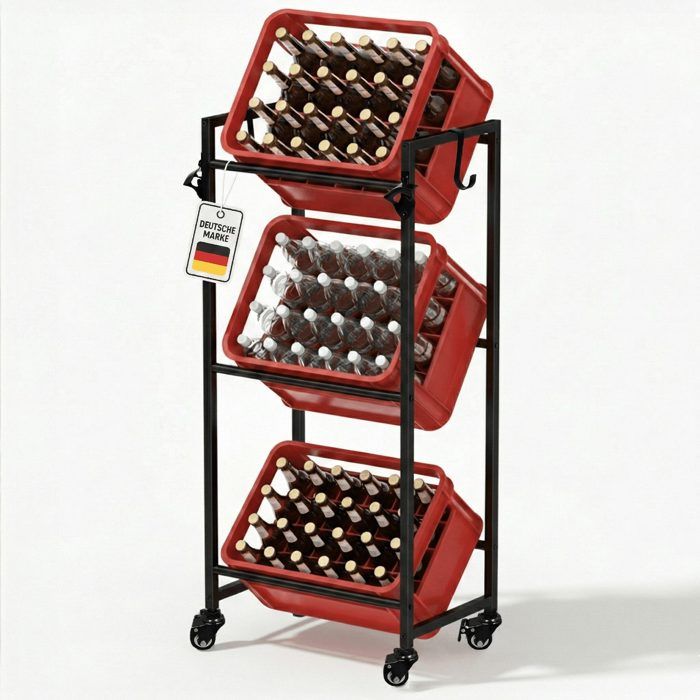 Roxlin Meuble Étagère – Étagère de Rangement Métallique Mobile avec Roulettes Crochets et Ouvre-Bouteille – 3 Caisses