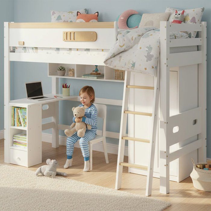 Lit superposé avec rangement bureau et armoire intégrés 90x200 sécurité enfant