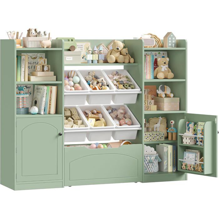 FOREHILL Bibliothèque Enfant 15 Étagères 6 Boîtes 1 Tiroir Roulant 2 Portes Vert 140x33x108.2cm