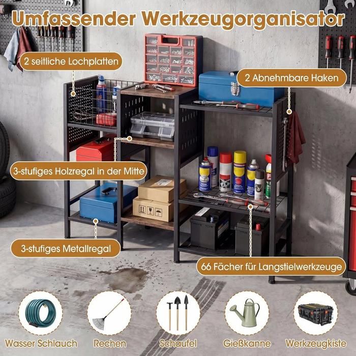 Range-outils 40 pouces avec 66 emplacements et étagères en bois pour garage et abri de jardin
