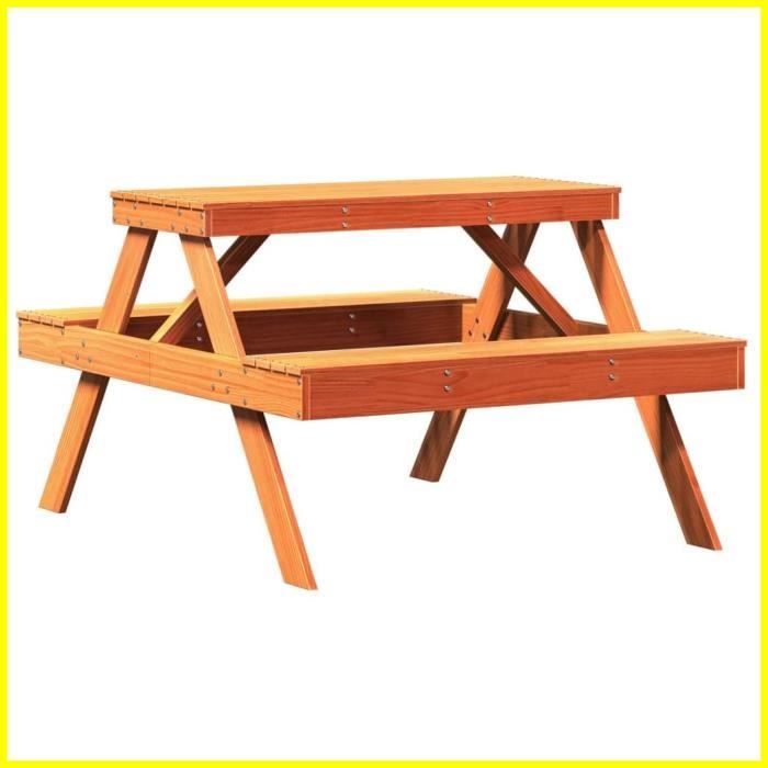 Table de pique-nique - ASHATA - 105x134x75 cm - Bois massif pin - Cire marron - 6 personnes