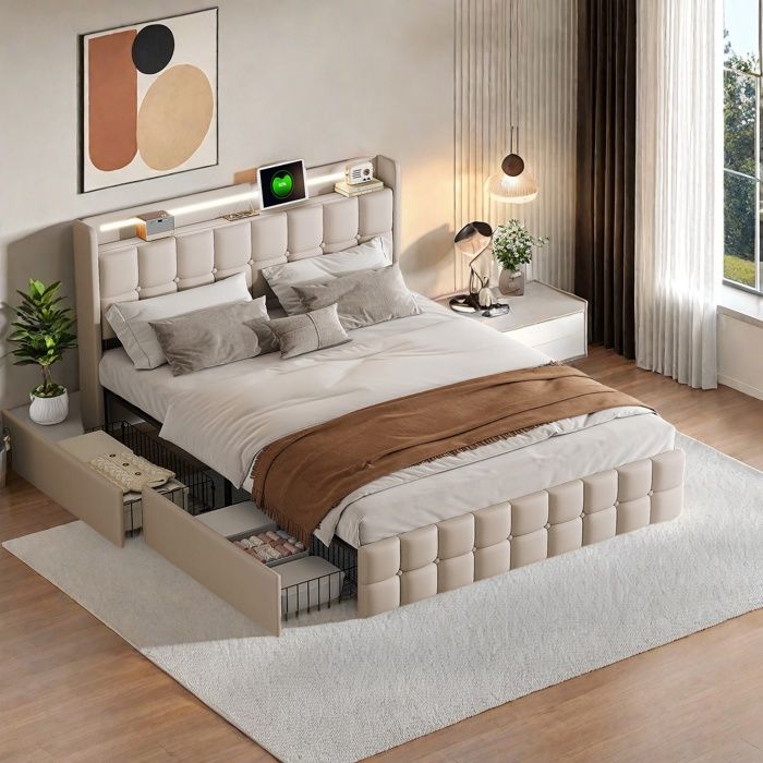 Lit double 160x200 cm avec sommier à lattes tête de lit avec LED et USB 4 tiroirs tissu en lin beige