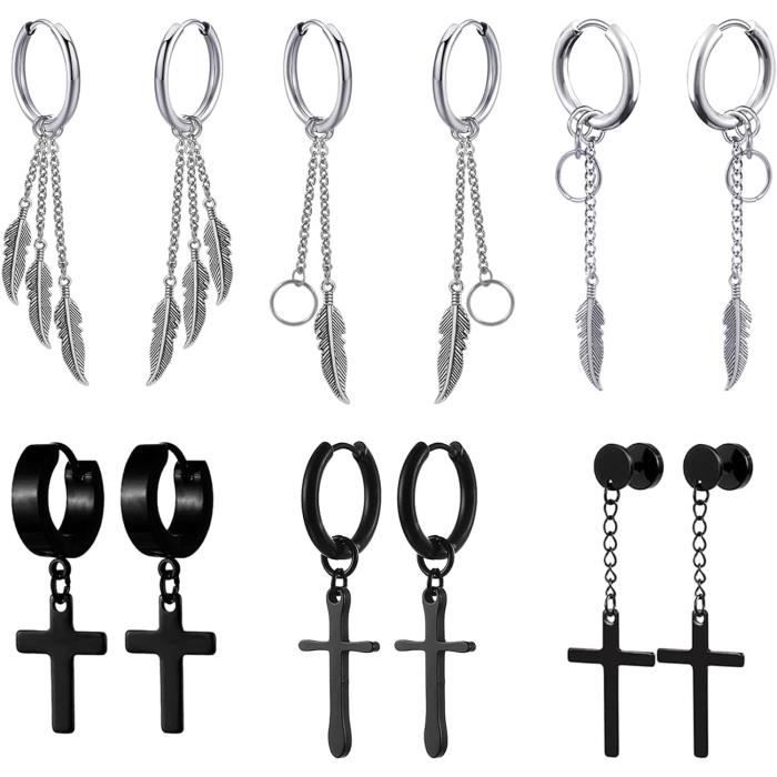 19 Paires Boucles D'Oreilles Acier Inoxydable Noir - Ensemble Punk Croix Ronde Anneaux Zircon