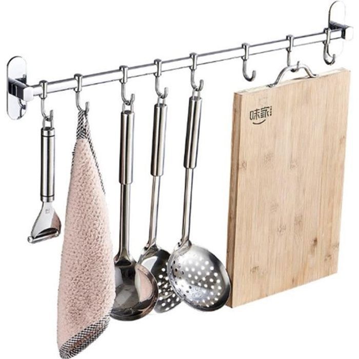 Cuisine Support de Rangement pour Ustensiles Spatule Casserole avec Crochet  Mural Imperméable sans Perçage,40cm,6 Crochets