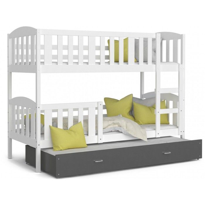 Lit Superposé 3 Places Teo 90x190 gigogne + matelas Blanc - gris Lit Superposé 3 Places Teo 90x190 gigogne + matelas Blanc - gris