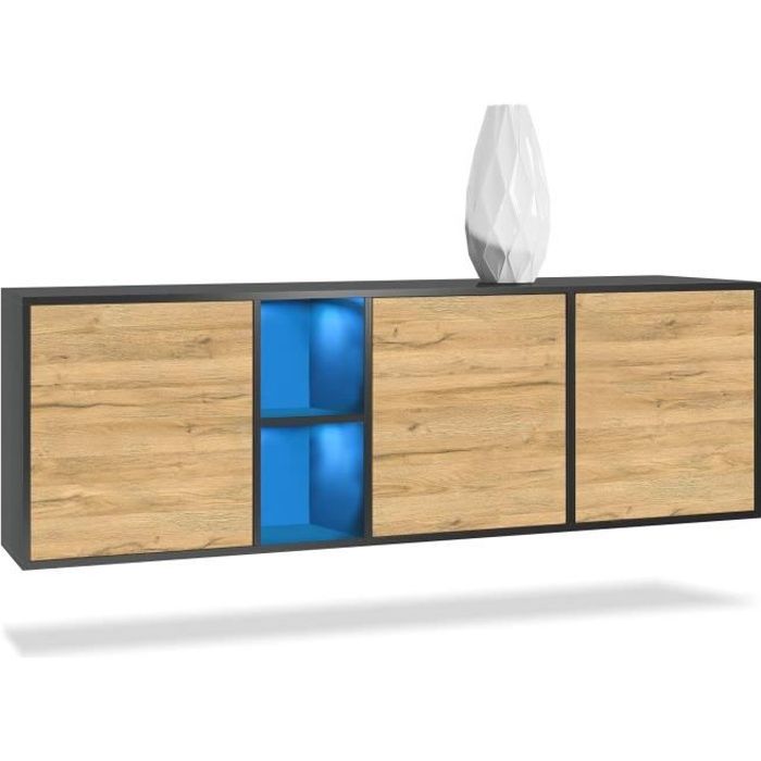 Vladon Buffet Armoire Cuba, Corps en Noir mat Façades en Chêne Nature