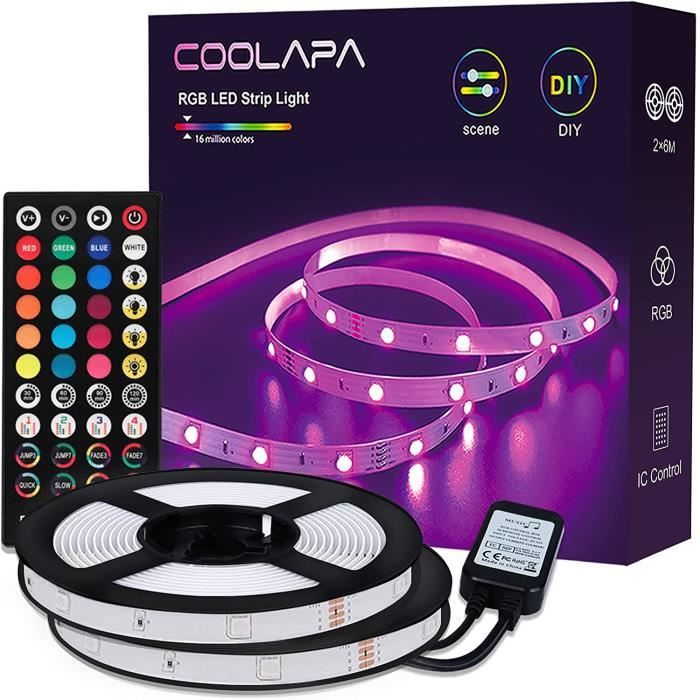 Ruban Led 12M COOLAPA LED Ruban 12V 5050 RGB SMD Guirlande Lumineuse Dimmable avec Telecommande Synchroniser avec la Musique A538 Cdiscount Maison