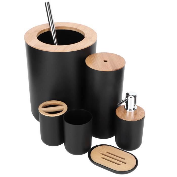 Ensemble Salle De Bain 6 Pièces - Porte-savon, Brosse à Dents, Gobelet, Distributeur, Poubelle, Brosse WC - PP Et Bambou - 8