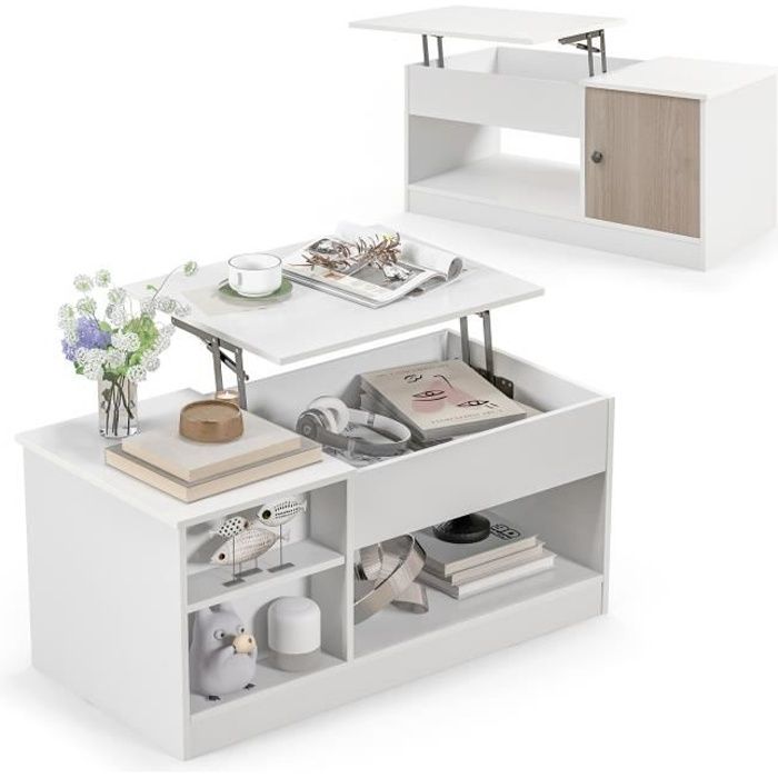 Table Basse Relevable COSTWAY Avec Rangement - Mécanisme à Gaz, Plateau De 46 à 60 Cm, Style Industriel