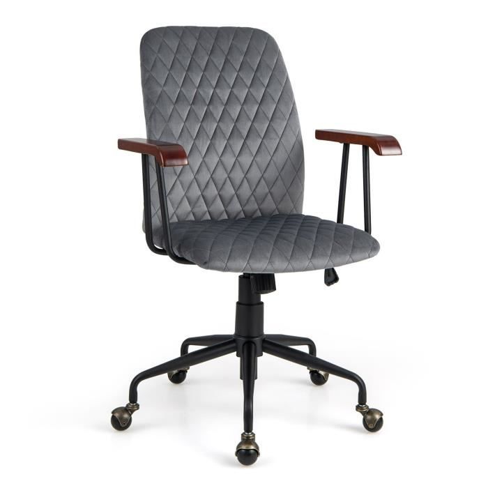 chaise de bureau rembourrée vintage - costway - réglable en hauteur - accoudoirs en bois caoutchouté - gris