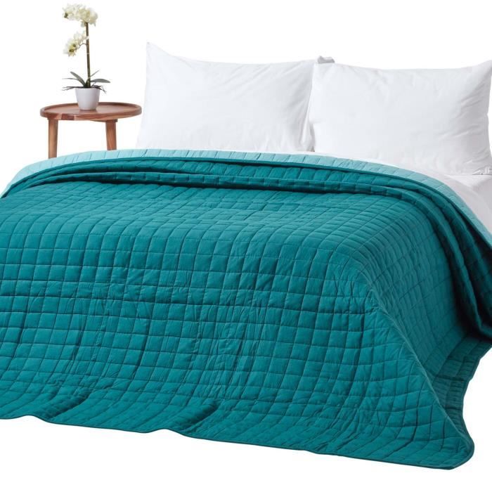 Couvre lit matelassé bicolore & réversible en coton Vert & Turquoise 230 x 250 cm