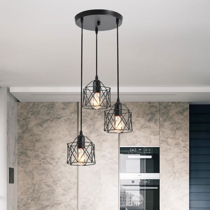 Luminaire Suspendu Industriel à 3 Spots - Bois Naturel Et Noir Mat, Spots Pivotants E27 Max 60W - Neuf