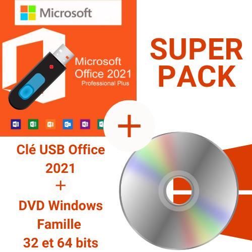 Clé bootable Office 2021 + Dvd Windows 10 famille 32 et 64 bits Super pack