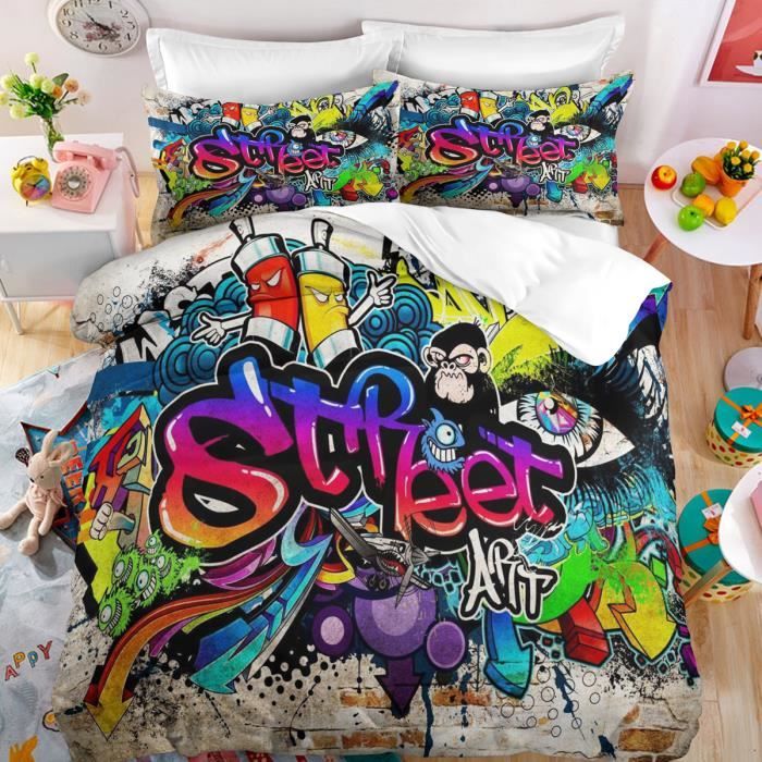 Art de la rue graffiti hip-hop Parure de lit 3 pieces 1 housse de couette 220*240cm et 2 taies doreillers 63*63cm