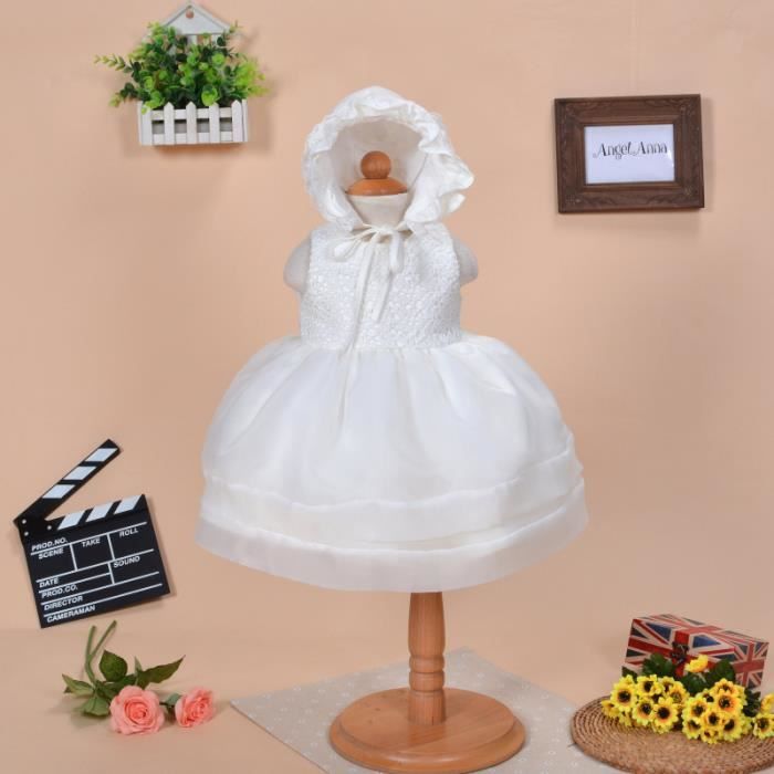 Robe de Baptme fille Mariage Fête avec Bonnet pour bébé