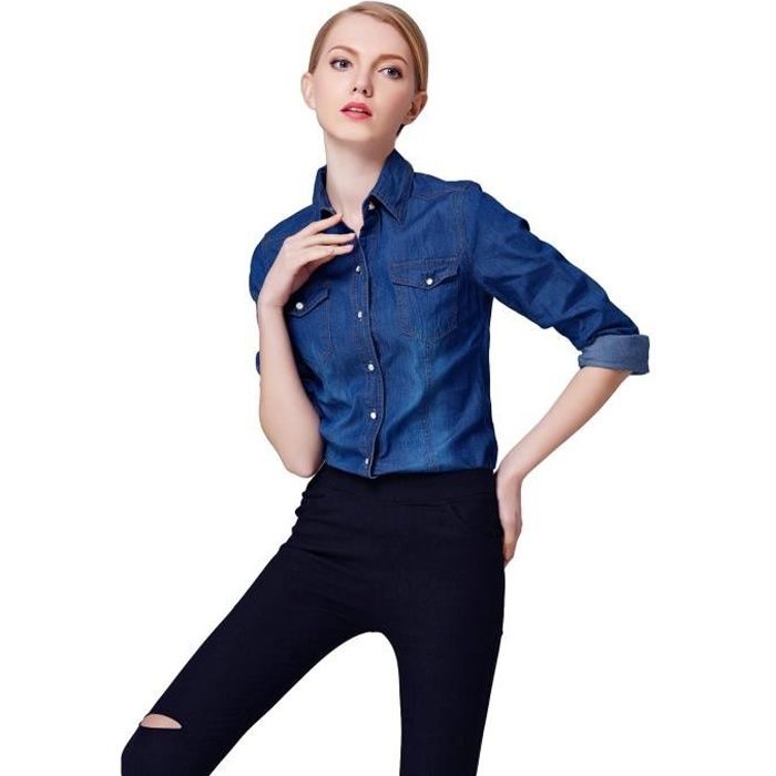 EOZY Chemise en Jean Femme Bleu fonce Bleu fonce Cdiscount Pret a Porter