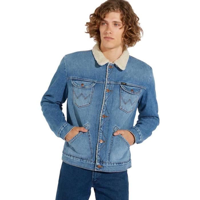 Veste en jean homme Wrangler Sherpa Bleu Coupe reguliere Delavage classique Bleu Cdiscount Pret a Porter