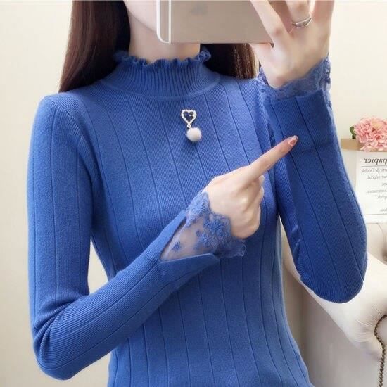 Pull Femme Taille Slim-Fit Manches Longues - Coton Élastique, Couleur Unie, Chaud Hiver, Décontracté Élégant
