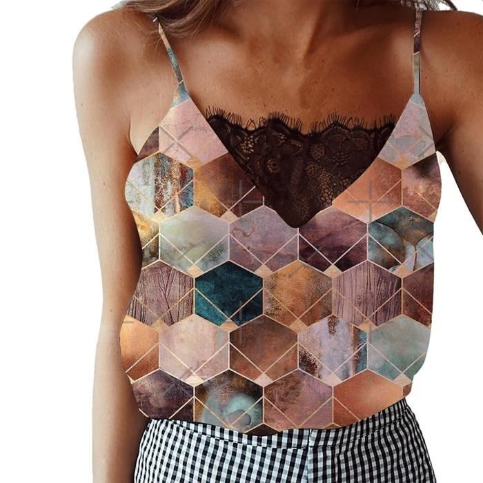 Débardeur Femme En Satin Avec Dentelle - Col En V Sans Manches - Haut élégant Pour Bureau, Soirée, été