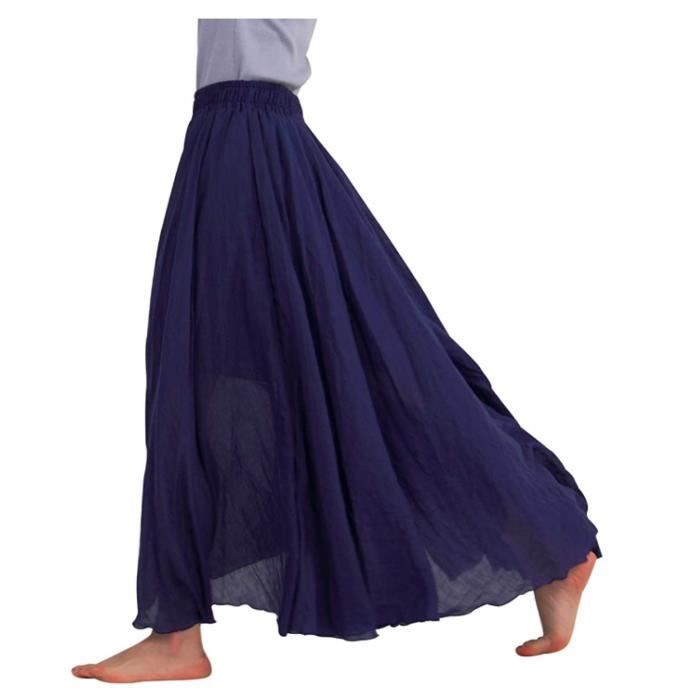 femme bohème longue lin décontracté jupe plissée double jupe printemps eté automne décontracté couleur unie,bleu marine,m